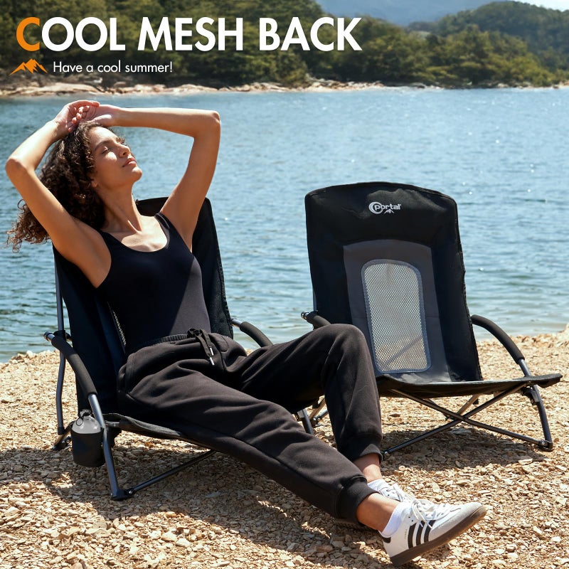 PORTAL Beach Camping Folding Chairs for Adults Low Portable Chair with Cup Holder High Mesh Back for Outdoor Lawn Sand Travel Festival Concert, 300LBS - Image 2